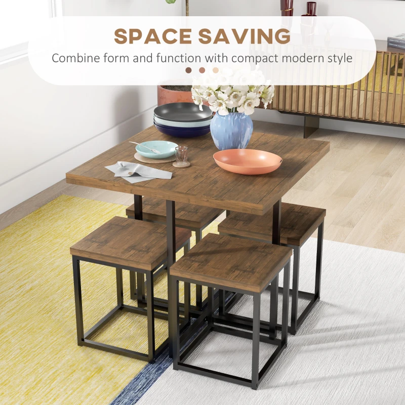 HOMCOM 5 Piece Dining Table Set for 4, Square Kitchen Table and Chairs, Dining Room Set for Small Space, Breakfast Nook, Walnut Wood Color