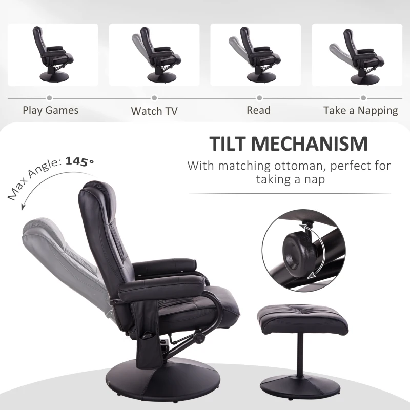 HOMCOM Massaging Faux Leather Recliner Chair and Ottoman Set, Swivel Vibration Massage Lounge Chair with Remote Control for Living Room, Bedroom, or Office, Black