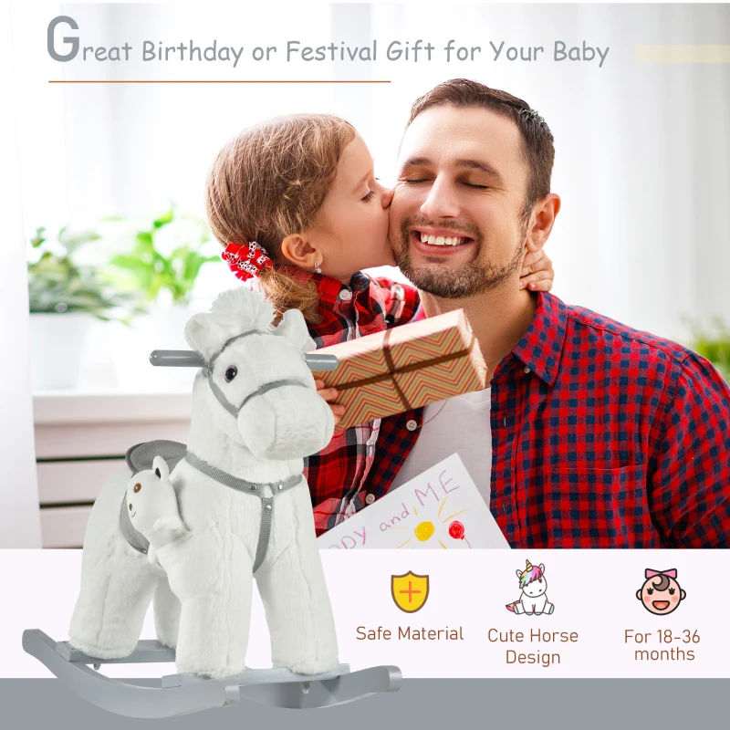 Qaba Kids Rocking Horse with Bear Toy, Plush Animal Rocker with Fun Realistic Sounds for Toddler 18-36 Months, White