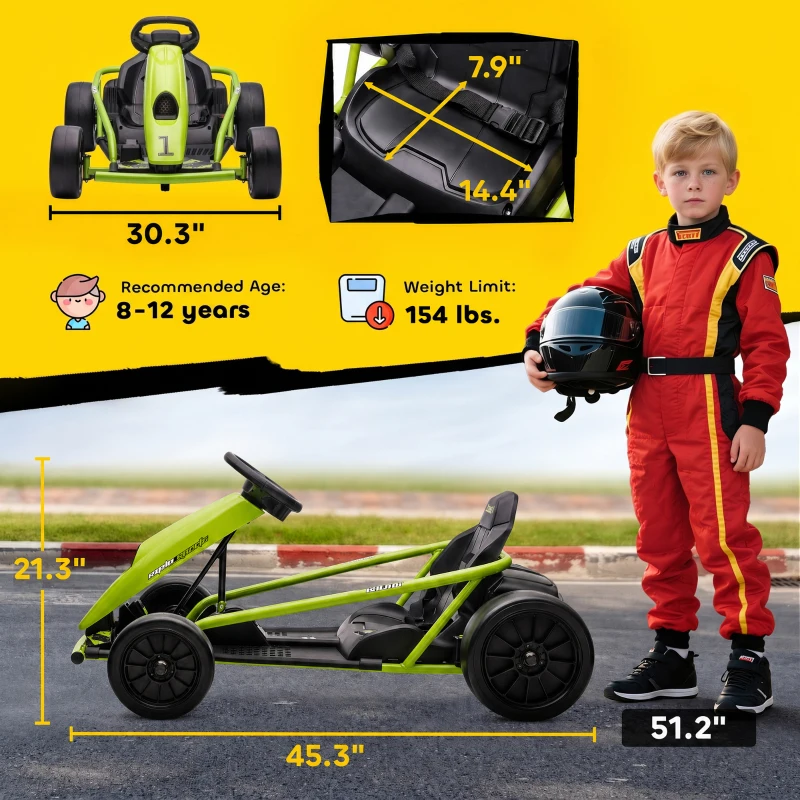 Aosom 24V Electric Go Kart for Kids, Drift Ride-On Racing Go Kart with 2 Speeds, for Boys Girls Aged 8-12 Years Old, Green