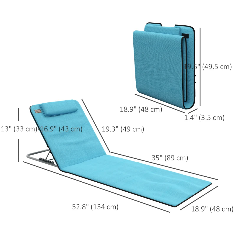 Outsunny 2 Pieces Beach Lounge Chair, Outdoor Folding Chaise Lounge Set w/ Pillow for Sunbath, Snap, Blue