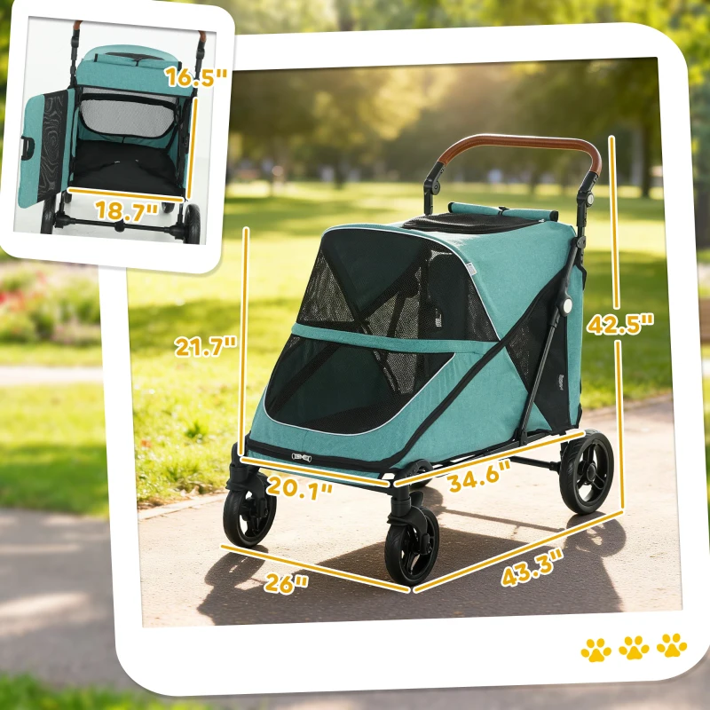 PawHut Dog Stroller for Large Dogs Up to 66 LBS with All-Terrain Spring Suspension, 8-Position Adjustable Handle, Teal