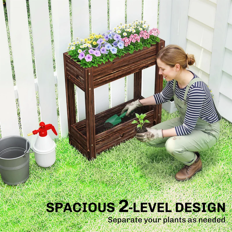 Outsunny 2-Tier Wooden Raised Garden Bed with Legs, 23.6" x 9.8" x 27.6" Elevated Planter Box with Drainage Holes and Bed Liner