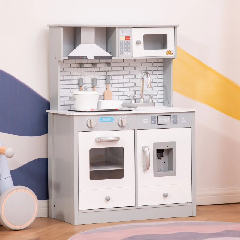 Qaba Play Kitchen with Sink, Microwave, and Ice Machine, Kids Kitchen Playset with Sound Effects and Lights, Pretend Toy Set for 3+ Years Old
