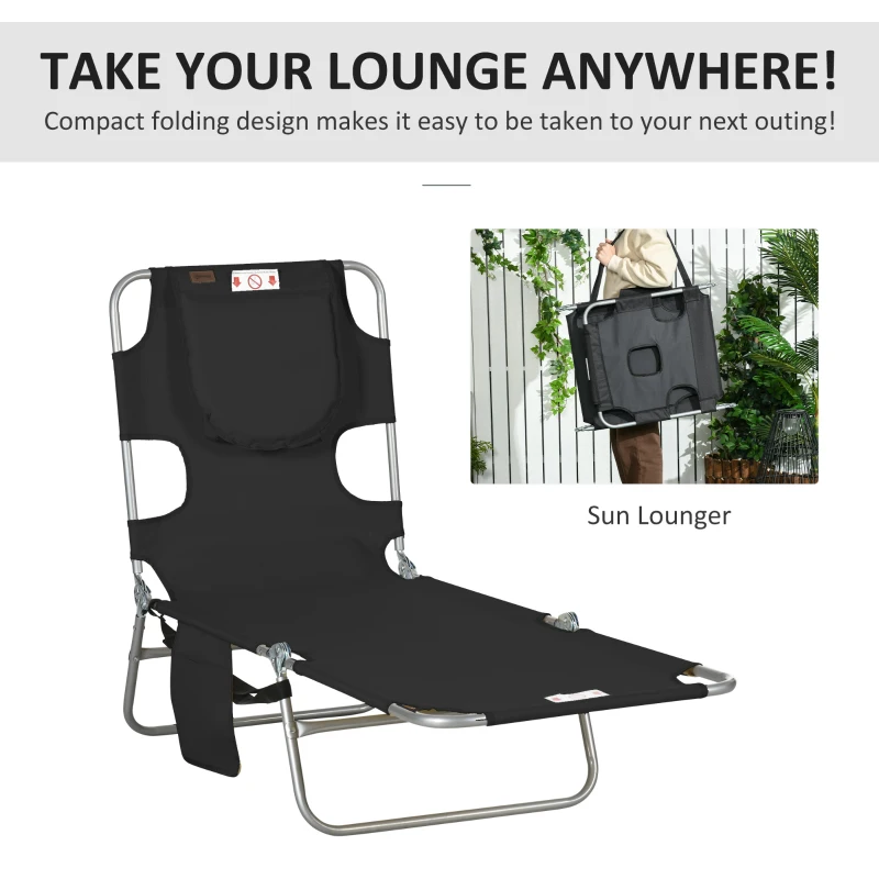 Outsunny Folding Outdoor Lounge Chair, 5-Level Tanning Chair with Face Hole, Side Pocket, Carry Strap for Beach Pool, Black