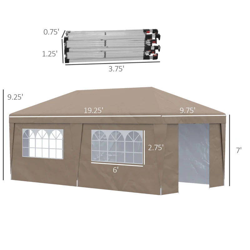 Outsunny 10' x 19.5' Pop Up Canopy Tent Height Adjustable Event Shelter w/ Sidewalls, Leg Weight Bags, Wheeled Carry Bag, Brown