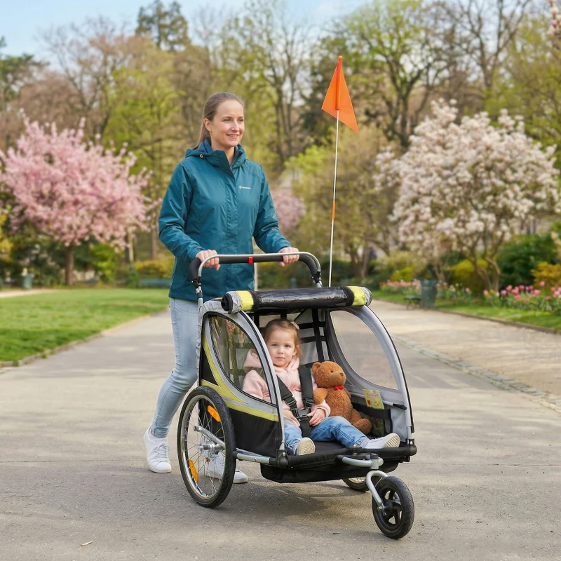 Aosom 2 Seat Bike Trailer for Kids 2-in-1 Double Baby Stroller with Handbrake, Rubber Wheels, 5 Point Harness, Waterproof Cover, Storage Bag, Reflectors, Yellow