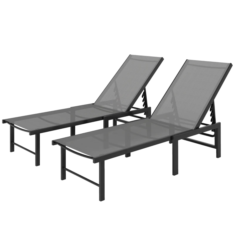 Outsunny Outdoor Lounge Chair Set of 2, 5-Position Reclining Outdoor Chaise Lounge Tanning Chair with Mesh Seat, Grey