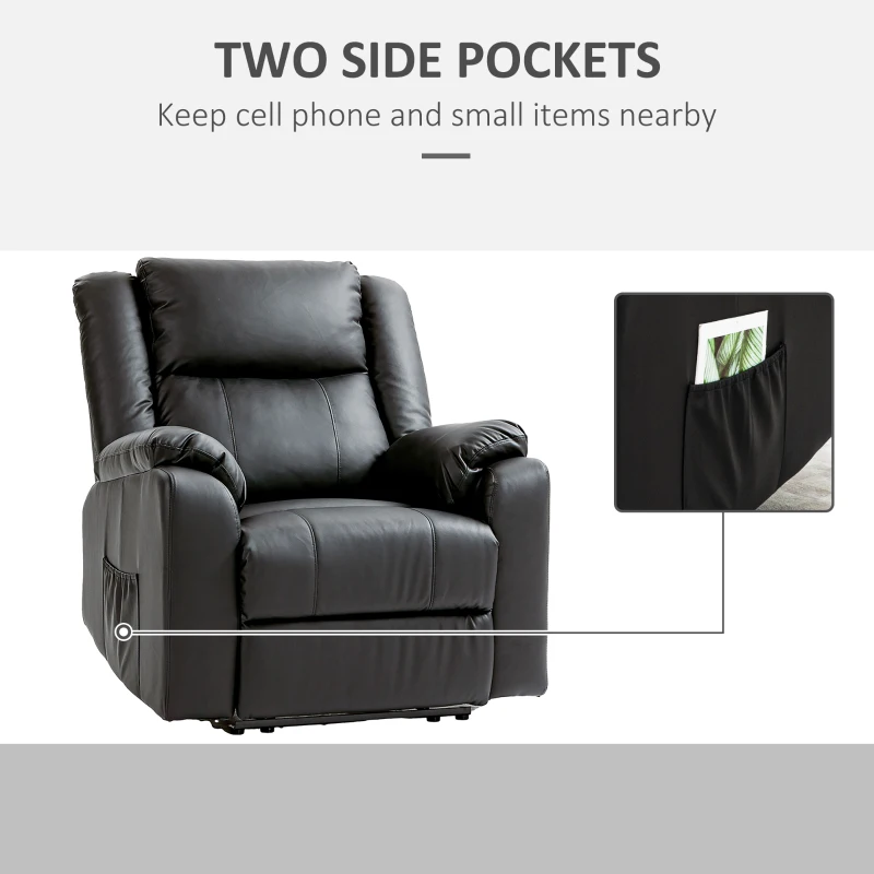 HOMCOM PU Leather Reclining Chair, Recliner Chair for Living Room with Footrest and 2 Side Pockets, Black