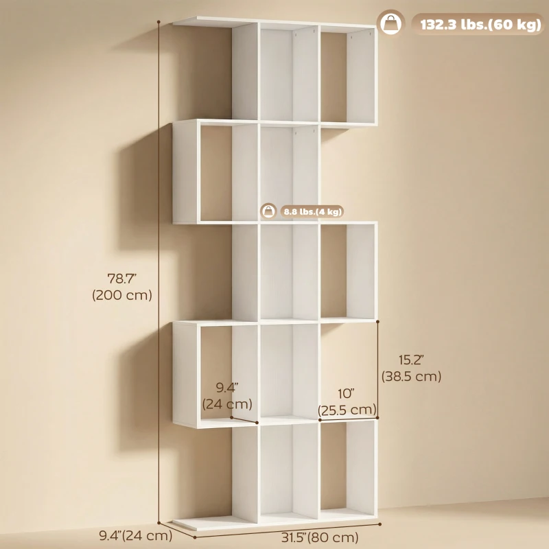HOMCOM 5-Tier Bookshelf, S Shaped Geometric Bookcase with 15 Compartments, White Wood Grain