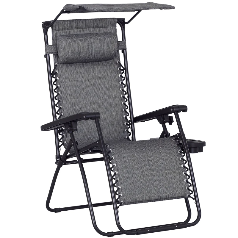 Outsunny Outdoor Zero Gravity Reclining Lounger Chair with Canopy Shade, Side Tray, Cupholder, Dark Grey