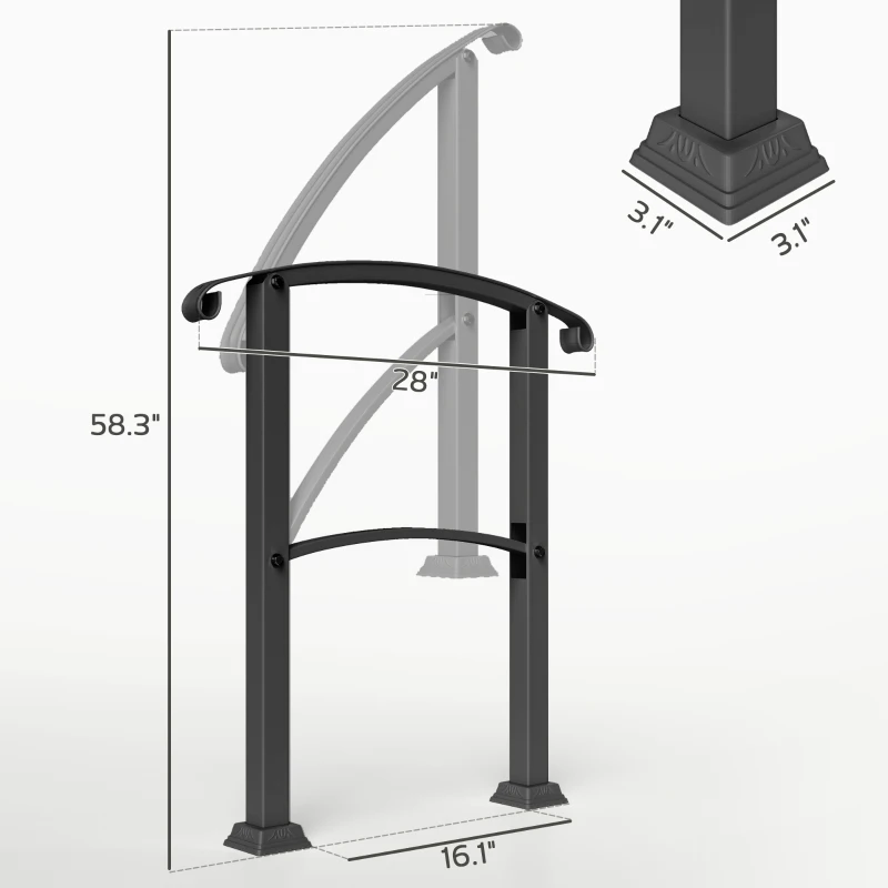 Outsunny 1-3 Step Metal Handrails for Outdoor Steps, Porch Deck Stair Railing with Installation Kit for Concrete Steps, Black
