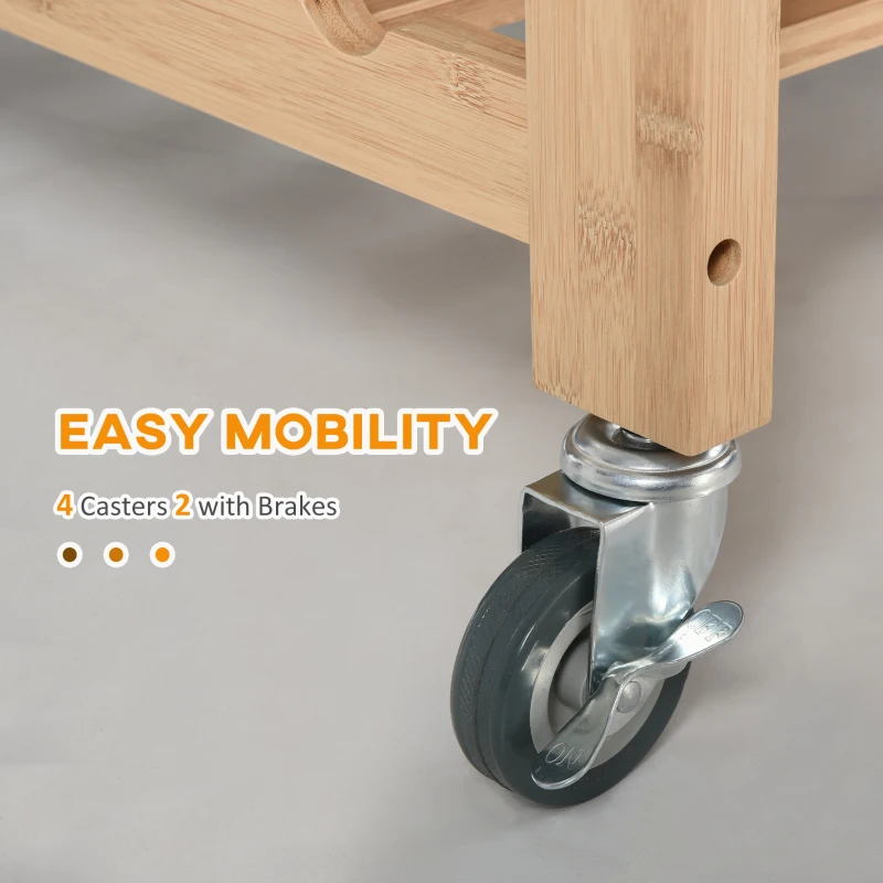 HOMCOM Bamboo Rolling Kitchen Island on Wheels Storage Cart with Granite Top, a Slide-Out Basket & Wine Storage Rack