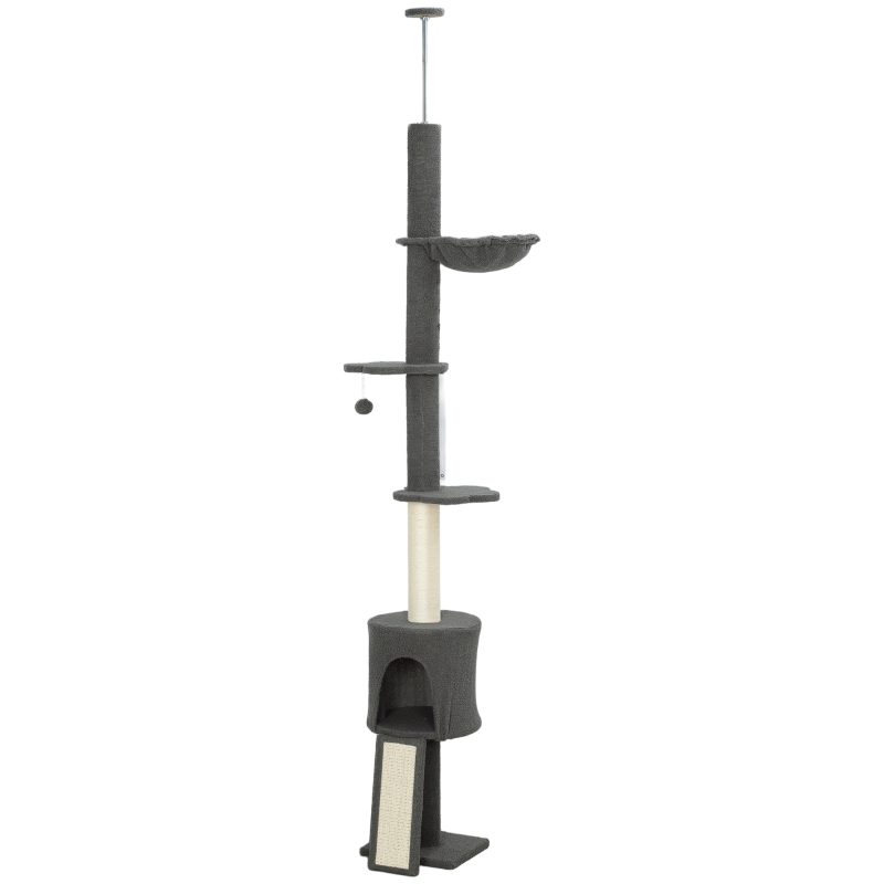 PawHut 87"-94.5" Floor to Ceiling Cat Tree with Sisal Scratching Post, Condo, Hammock, Ramp, Perches, Dark Grey