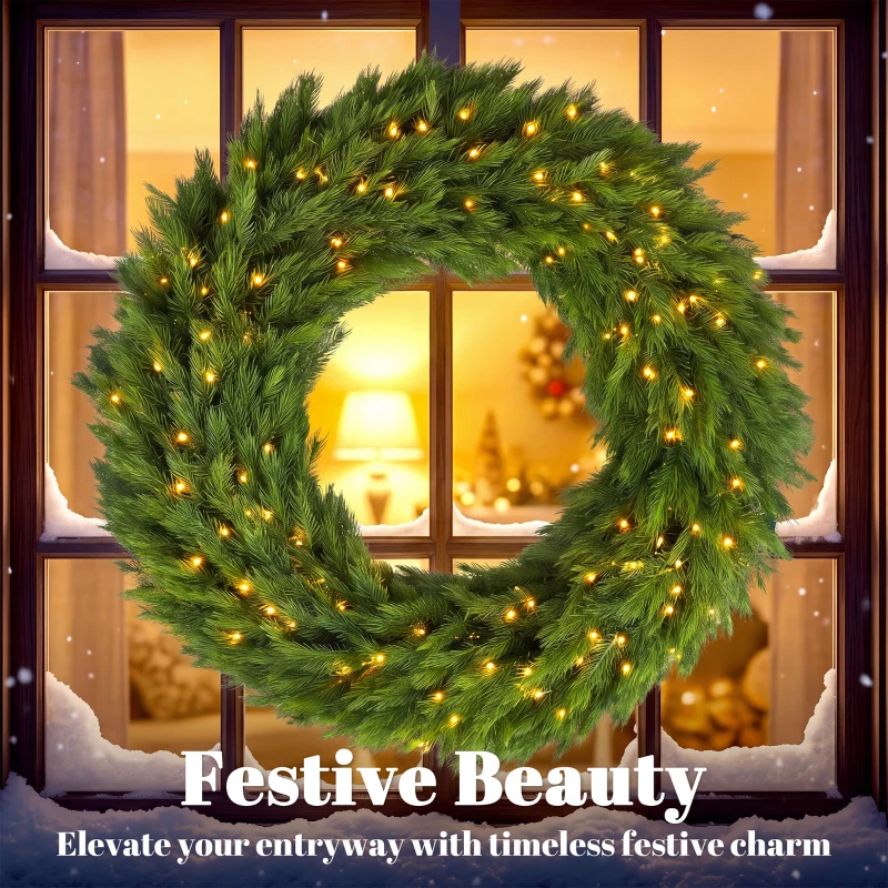 HOMCOM Christmas Decoration, 48 in Pre-Lit Norwegian Spruce Artificial Christmas Wreath with 150 LED Lights, Green