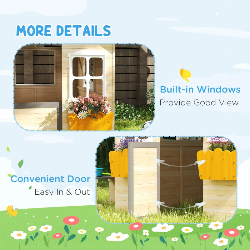 Outsunny Outdoor Playhouse, Wooden Kids Playhouse with Working Door, Windows, Bench, Service Station, Flower Pot Holder, Cottage Play House for 3-7 Years Old Pretend Play, Natural
