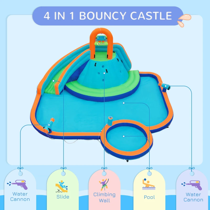 Outsunny 4 in 1 Kids Bounce House w/ Slide, Pool, Climbing Wall, Water Cannon, Blower, Carrying Bag for 3-8 Years