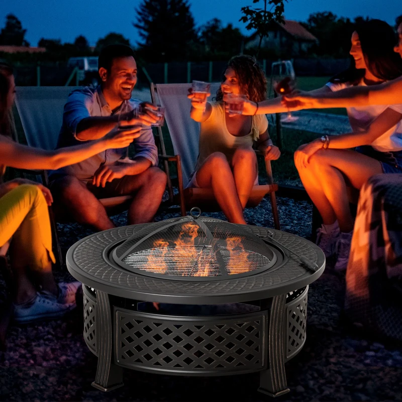 Outsunny 32" Outdoor Fire Pit Grill & Ice Bucket Table, Portable Steel Wood Burning Bowl, Cooking Grate, Poker, Rain Cover, Spark Screen Lid