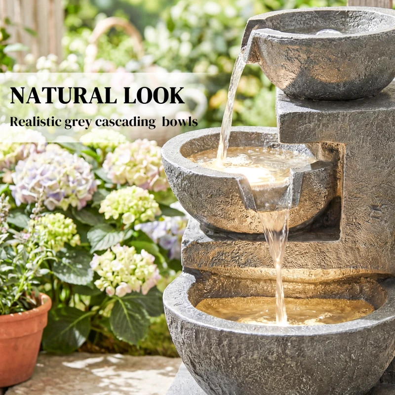 Outsunny 3-Tier Outdoor Water Fountain, Garden Waterfall Fountain with LED Lights and Pump, Indoor Freestanding Resin Waterfall
