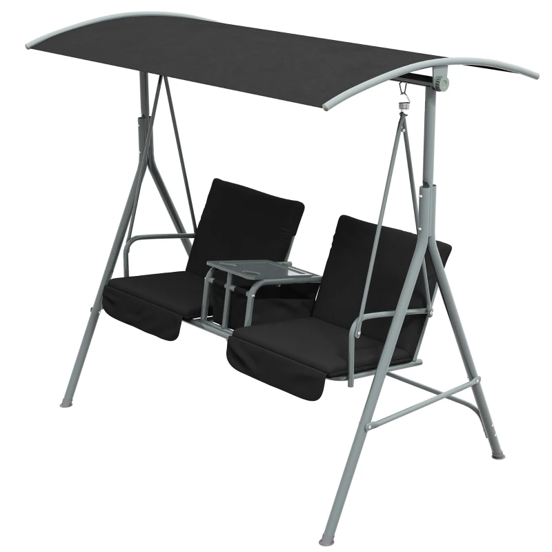 Outsunny 2-Seater Outdoor Porch Swing with Adjustable Canopy and Table, Patio Swing Chair for Garden, Poolside, Backyard, Black