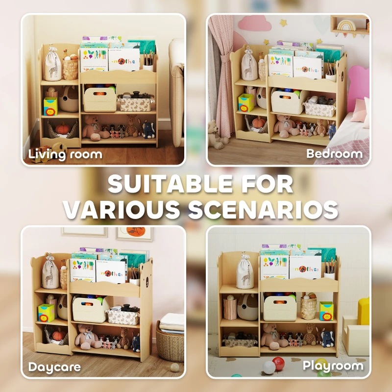 Qaba Kids Bookshelf and Toy Storage Organizer, 3 Tier Montessori Toy Organizer with Open Display for Nursery, Natural