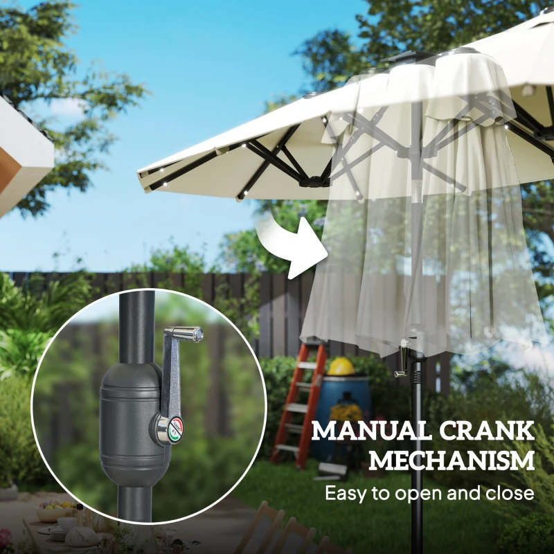 Outsunny 10ft Double-Sided Patio Umbrella with 35 LED Lights, 12 ribs, Extra Large Outdoor Parasol with Twin Canopy, Beige