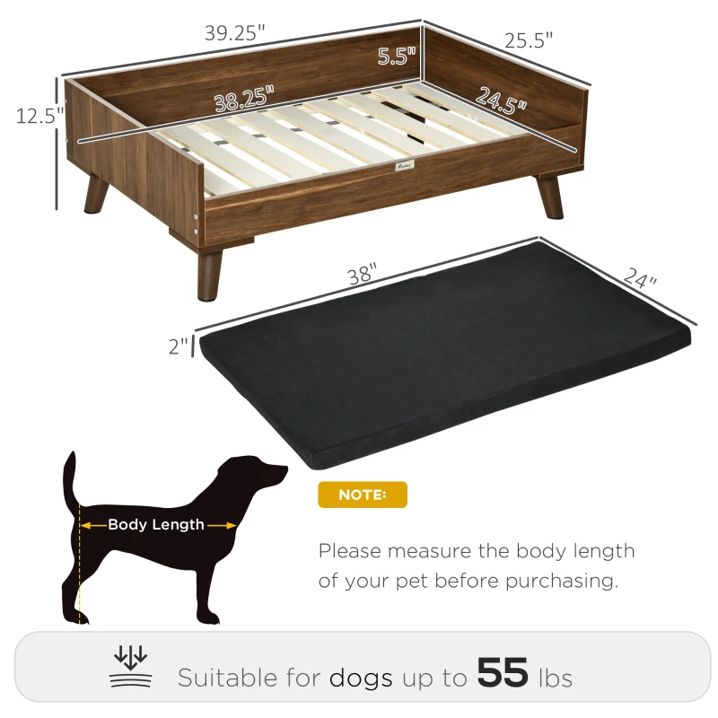 PawHut Elevated Dog Bed with Soft Sponge Cushion, Modern Wood Dog Bed, High and Upraised off of Durable Steel Legs, Coffee Bean, Jet Black