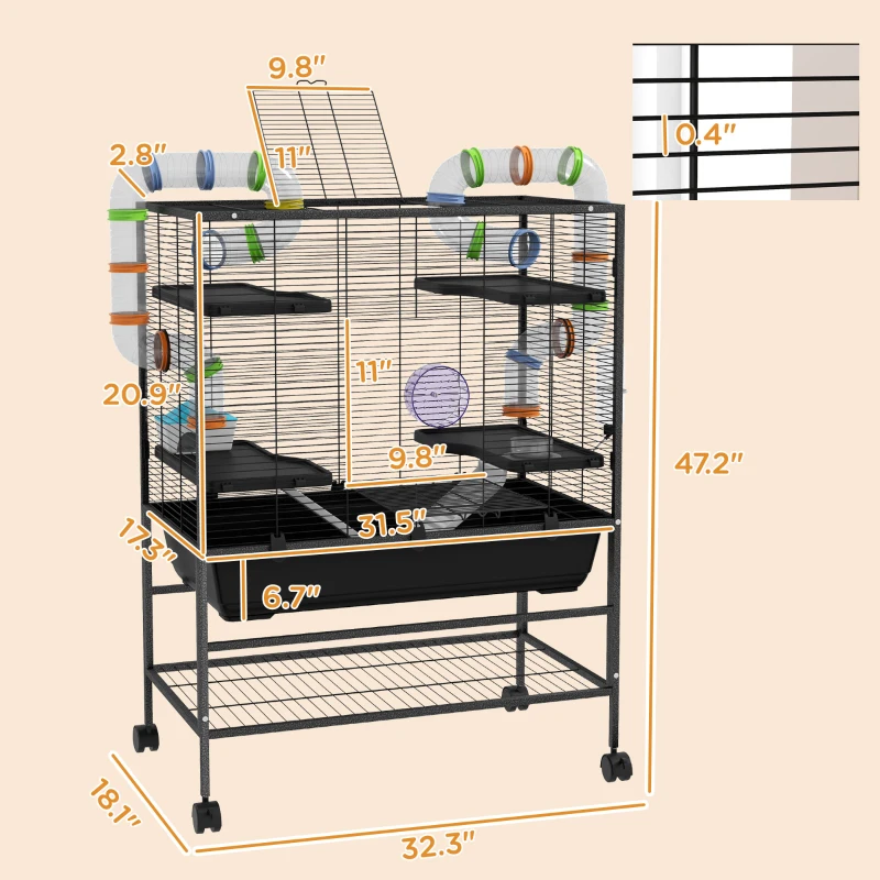 PawHut Small Animal Cage for Syrian Hamster, Gerbil Cage with Tubing System, Running Wheel, Ramps, Platforms