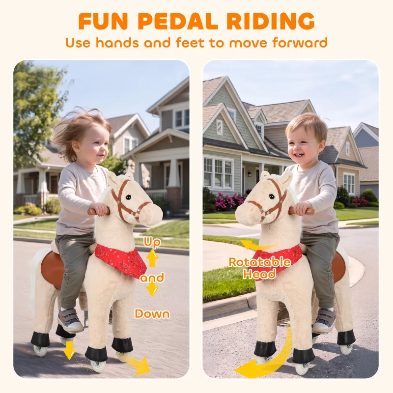 Qaba Ride on Horse for Kids 2+ Years, Plush Ride On Pony Toys with Rotatable Head and Neighing Sounds, Light Brown