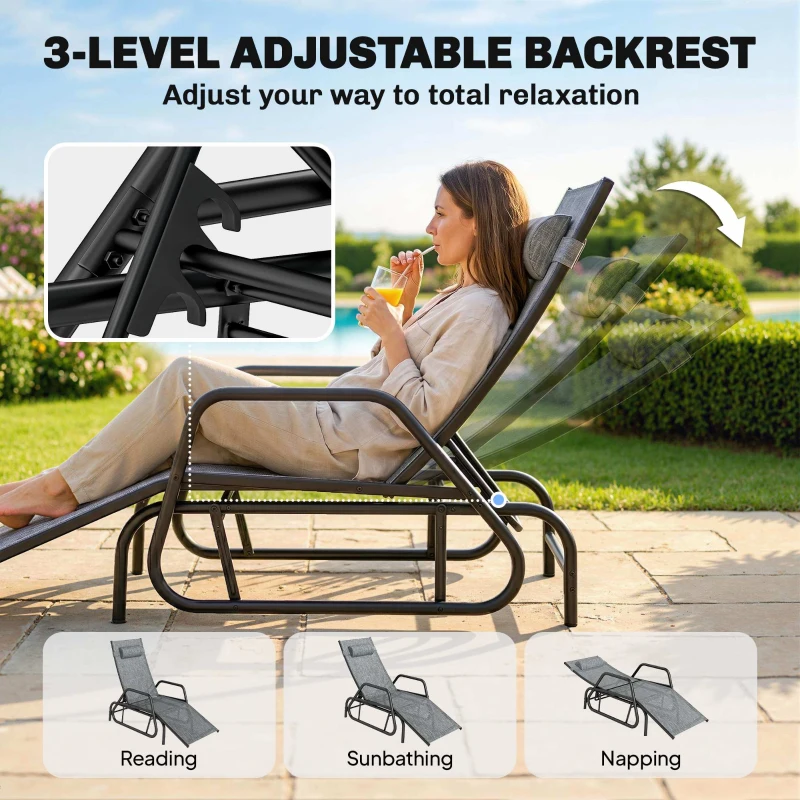 Outsunny Outdoor Glider Lounge Chair, 3-Position Adjustable Tanning Chair Recliner with Headrest for Garden, Yard, Pool, Grey