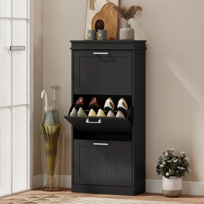 HOMCOM Modern Shoe Storage Cabinet with 3 Flip Drawers for 15 Pairs, Narrow Shoe Organizer for Entryway, Hallway, Black