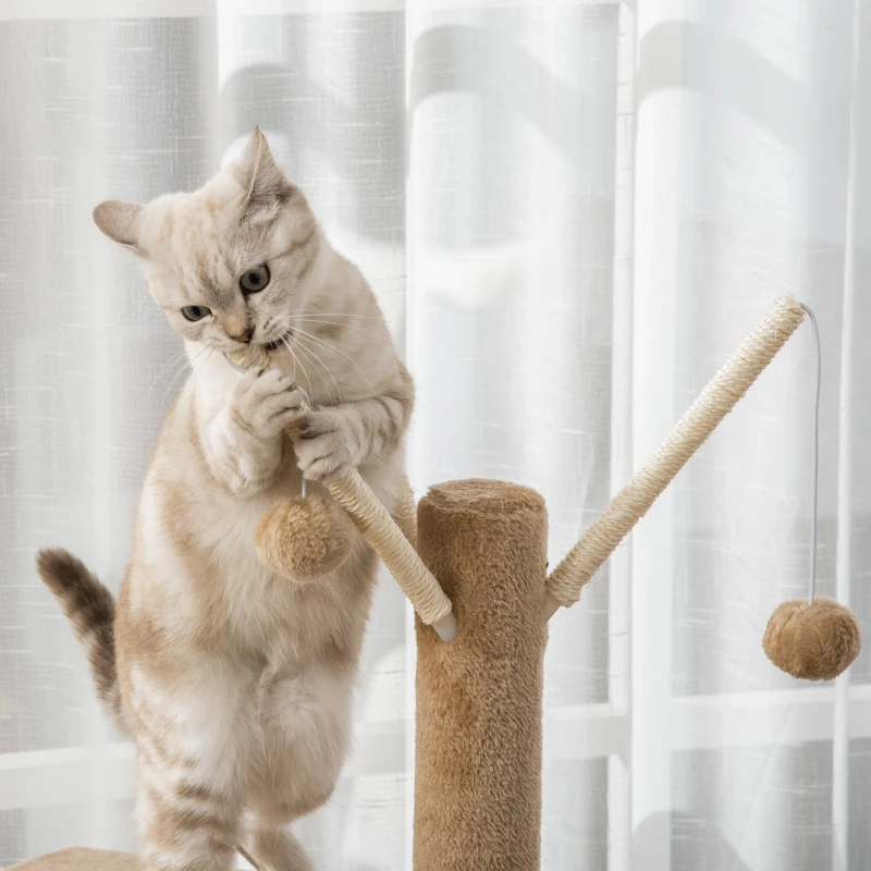 PawHut Cat Tree for Indoor Cats Cat Condo Kitty Tower with Scratching Post, Elevated Fun Cat Beds, Tunnel, Cat String Toys, 16" x 16" x 48", Light Brown