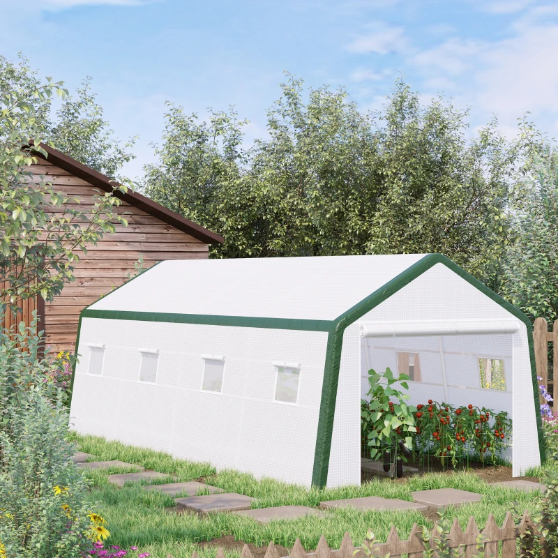 Outsunny 20' x 10' x 8' Heavy-duty Greenhouse, Walk-in Hot House with Windows and Roll Up Door, PE Cover, Steel Frame, White