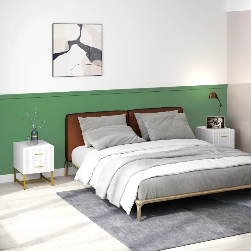 HOMCOM 2 Pieces Nightstands with Storage, Modern Bedside Tables with 2 Fluted Drawers and Gold Legs for Bedroom, White