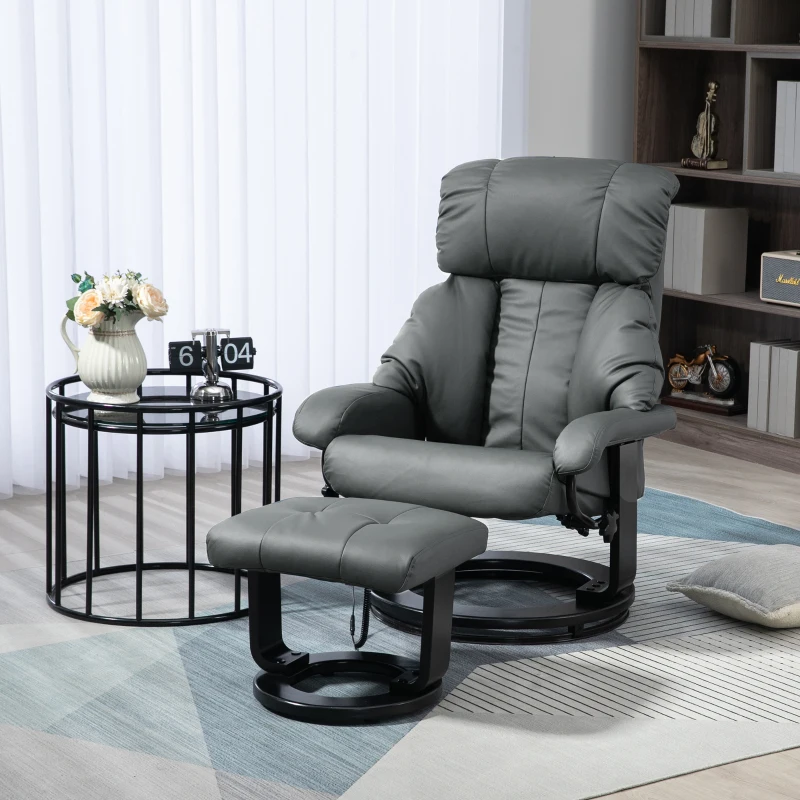 HOMCOM Swivel Recliner with Ottoman, Faux Leather Reclining Chair with Massage, Footstool Remote and Side Pocket, Gray