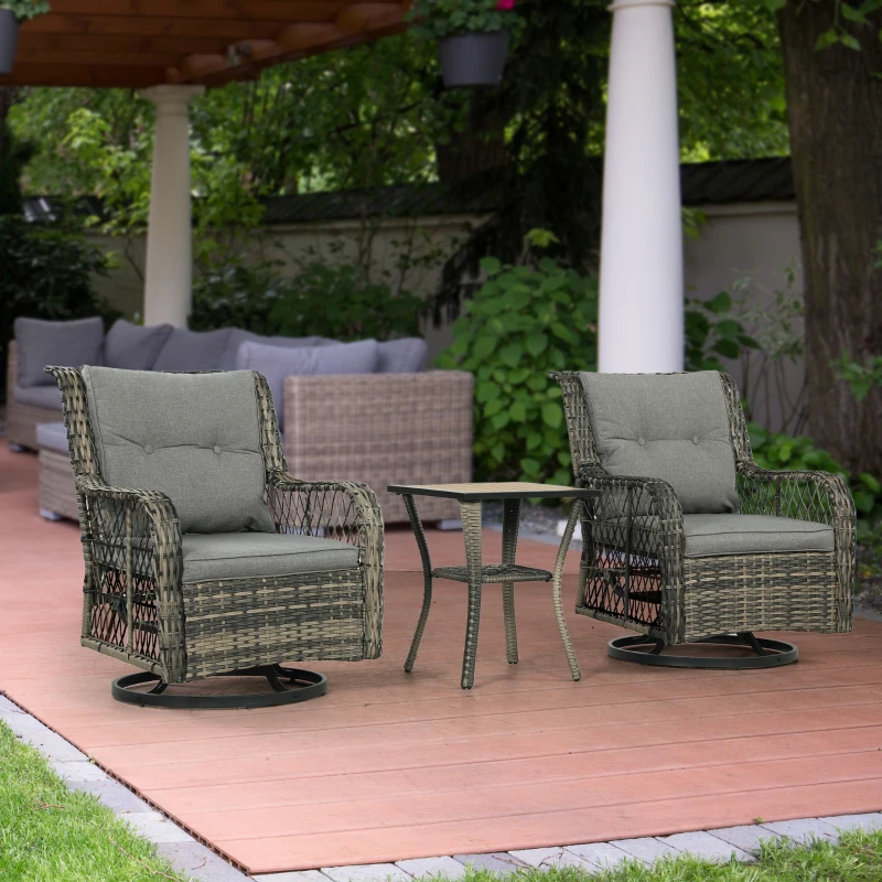 Outsunny 3 Piece Outdoor Bistro Set, Wicker Patio Furniture Set with Swivel Glider Chairs for Balcony, Porch, Grey