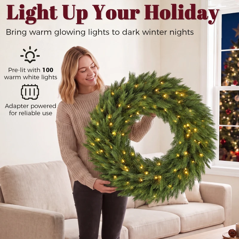 HOMCOM Christmas Decoration, 36 in Pre-Lit Norwegian Spruce Artificial Christmas Wreath with 100 LED Lights, Green