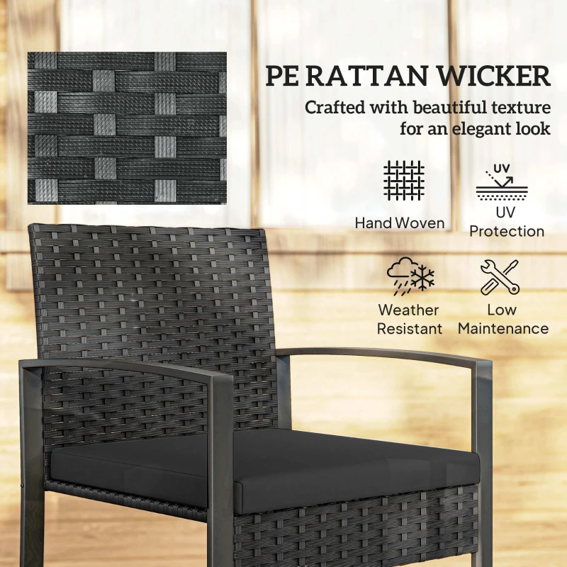 Outsunny Outdoor Bistro Set, 3 Piece Wicker Patio Furniture Set with Glass Top Table and Cushions for Porch, Balcony, Black