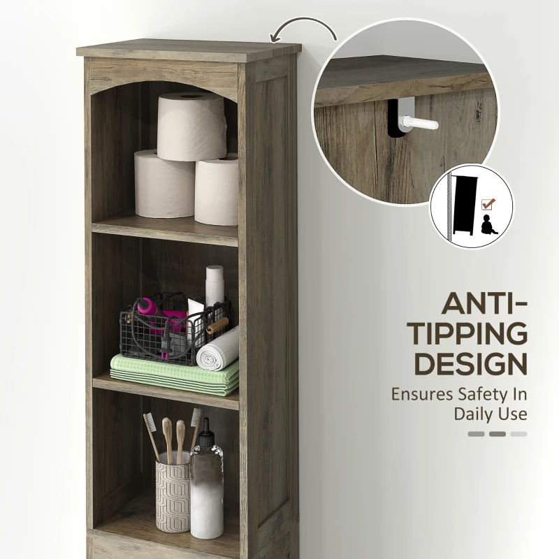 HOMCOM Farmhouse Tall Slim Bathroom Storage Cabinet with Recessed Drawer, Narrow Cabinet with Barn Door, Weathered Gray Oak
