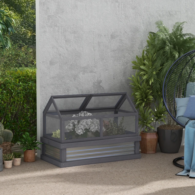 Outsunny Raised Garden Flower Bed Kit w/ Greenhouse, Wooden Cold Frame Planter, Gray
