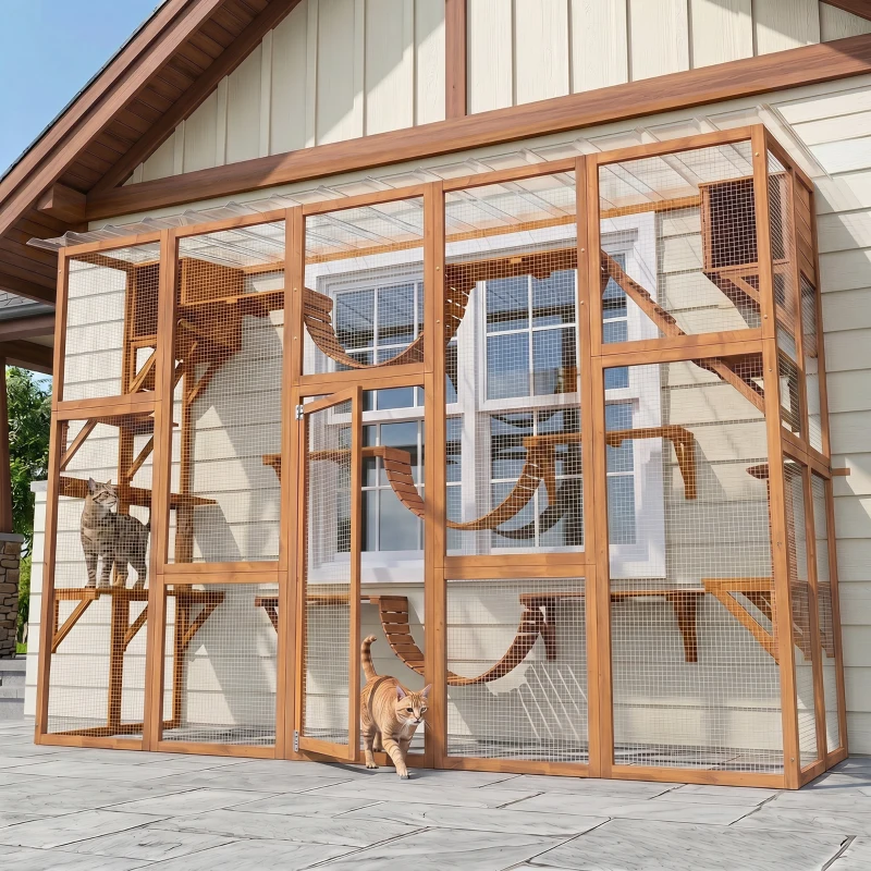 PawHut Catio Playground Cat Window Box Outside Enclosure for Multiple Cats w/ Shelves & Bridges, Orange