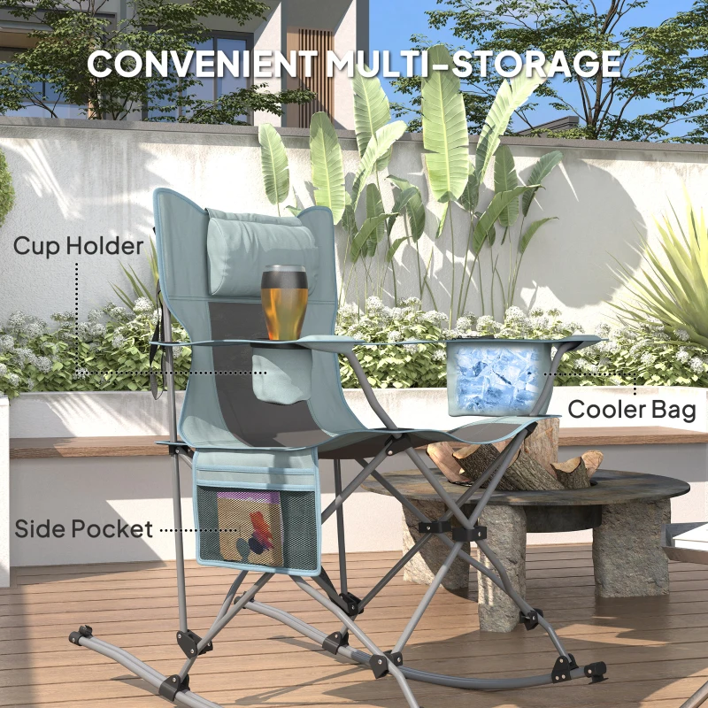 Outsunny Folding Rocking Camping Chairs, Portable Chairs with Headrest, Cooler Bag, Cup Holder, Carry Bag, 2 Pack, Gray