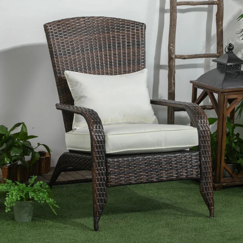 Outsunny  Patio Wicker Adirondack Chair, Outdoor All-Weather Rattan Fire Pit Chair w/ Soft Cushions, Tall Curved Backrest