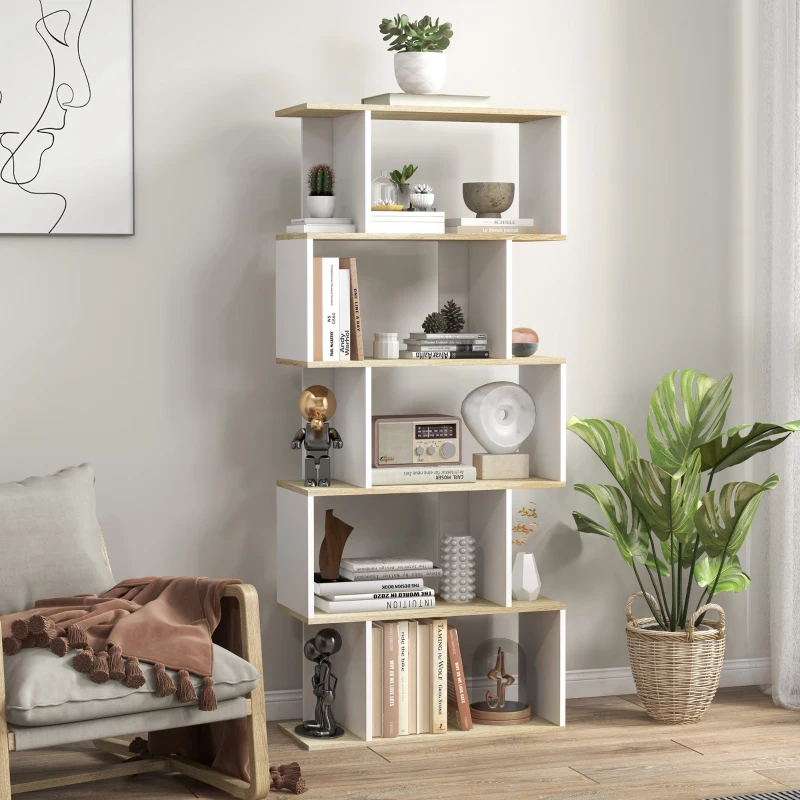 HOMCOM 5-Tier Bookshelf, Geometric S Shaped Bookcase, Tall Narrow Display Shelf for for Living Room, Study Room, White