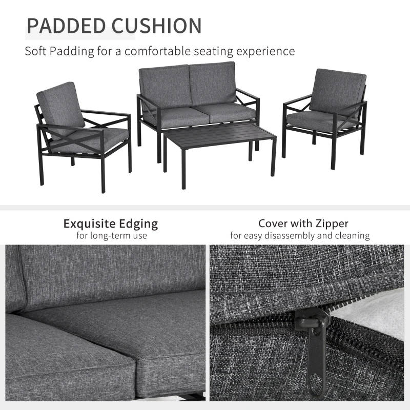Outsunny 4-Piece Patio Furniture Set Garden Conversation Set with Soft Washable Cushions & Strong Steel Frame, Grey