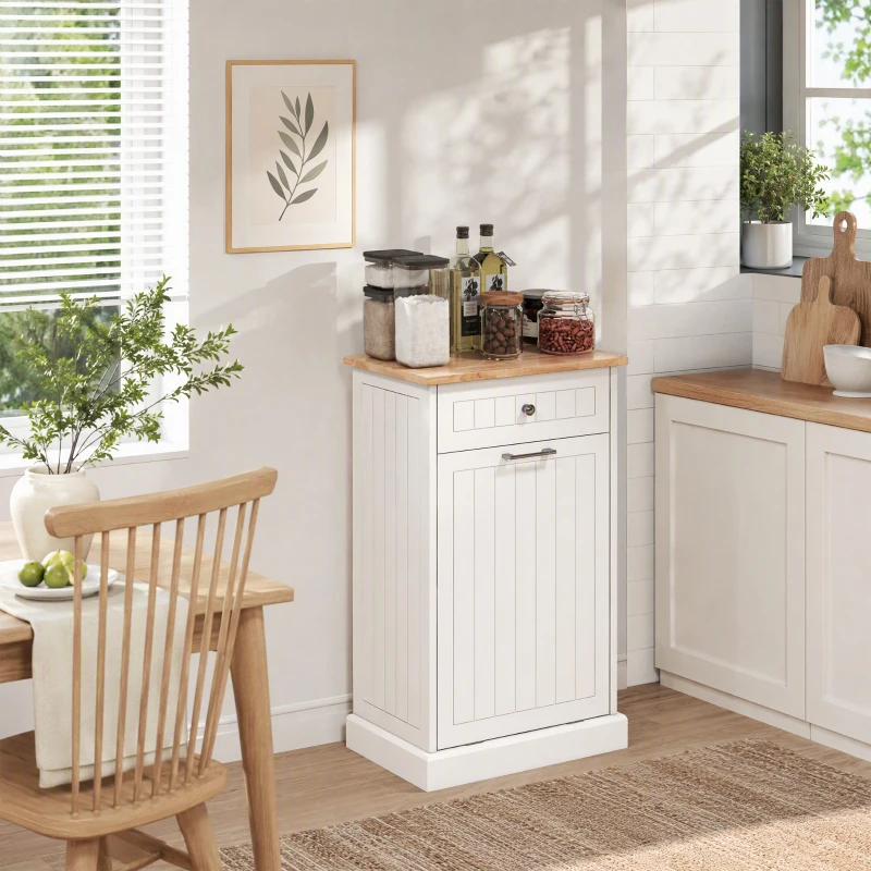 HOMCOM 10 Gallon Tilt Out Trash Cabinet, Wooden Hidden Trash Can with Storage Drawer for Kitchen, Laundry Hamper Cabinet for Bathroom, White