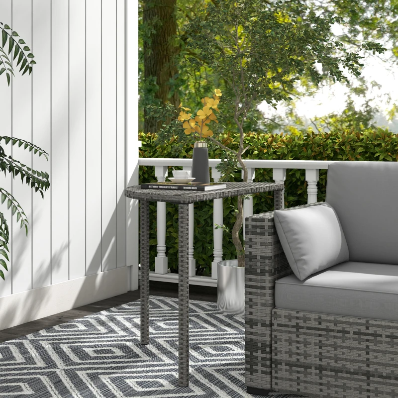 Outsunny Half Round Side Table, PE Rattan Coffee Table with Metal Frame for Patio, Garden, Balcony, Grey