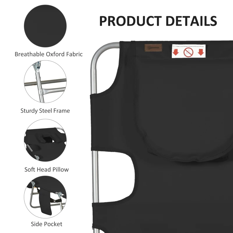 Outsunny Folding Outdoor Lounge Chair, 5-Level Tanning Chair with Face Hole, Side Pocket, Carry Strap for Beach Pool, Black