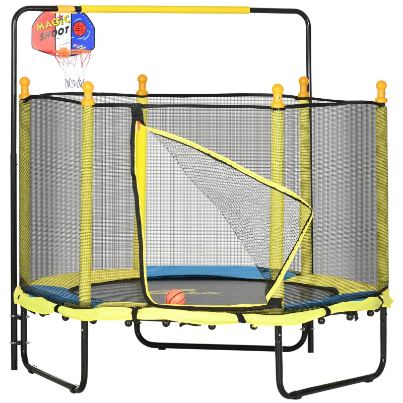 Qaba 4.6' Kids Trampoline with Basketball Hoop, Horizontal Bar, 55" Indoor Trampoline with Net, Yellow