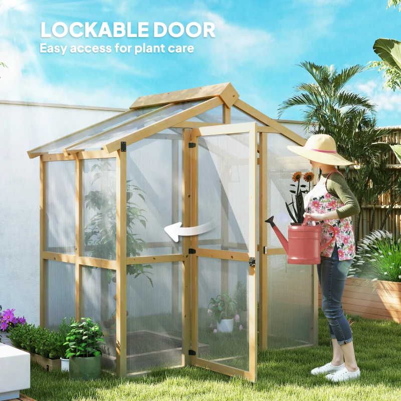 Outsunny Walk-in Polycarbonate Greenhouse Green House with Automatic Temperature Window and Lockable Door, 6.5' x 4' x 6.7'